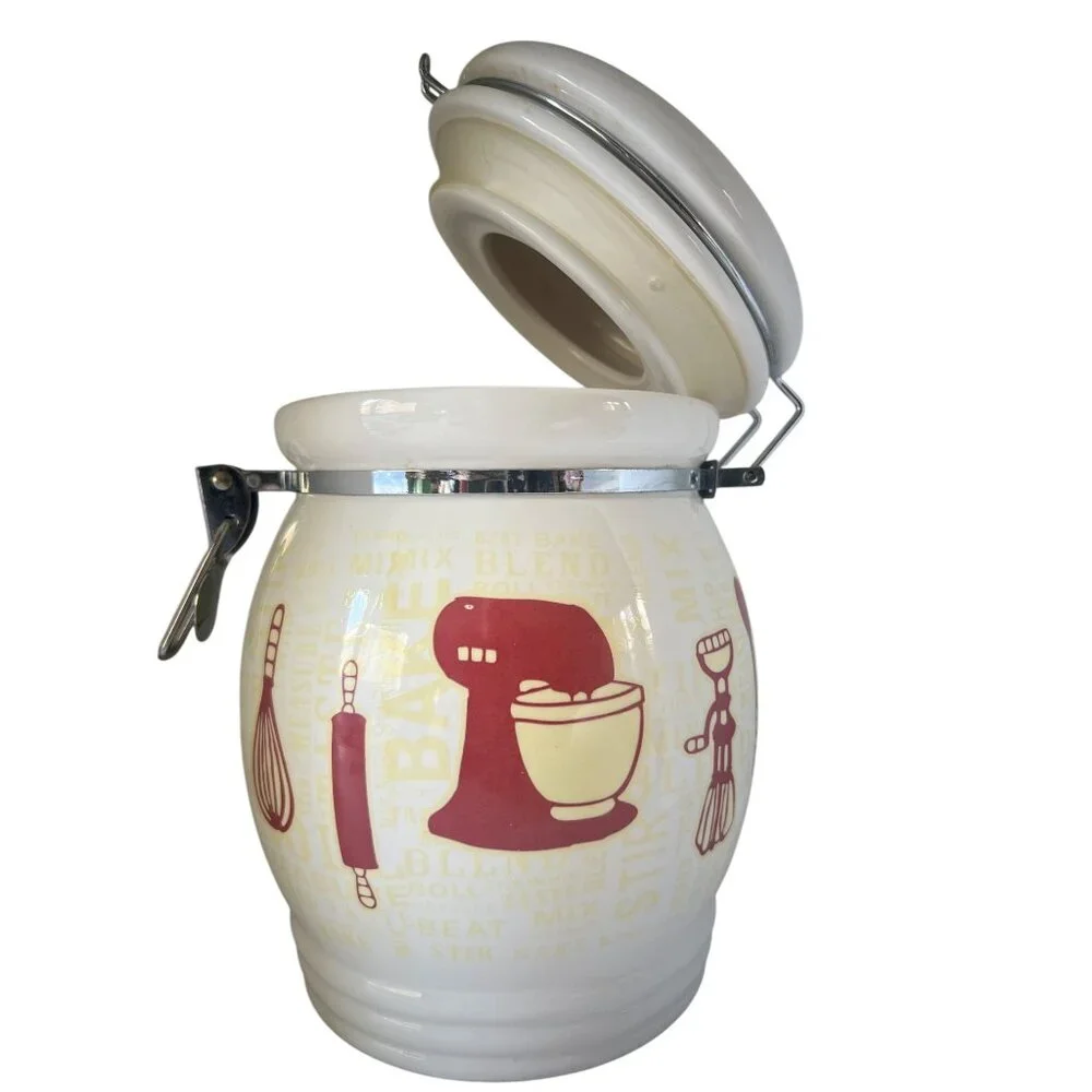 Retro Kitchen Canister Ceramic Hinged Lid Gasket Baking Pattern White Yellow Red